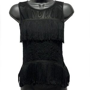 Bebe Black Fringe Mesh Tank – Festival Party Boho Chic Size XS